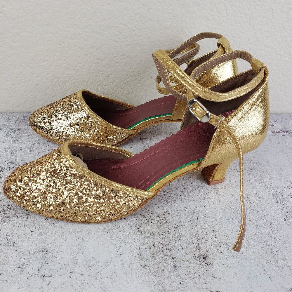 Dance Shoes Women's Heels Gold Glitter Metallic Strappy size 39 US 9